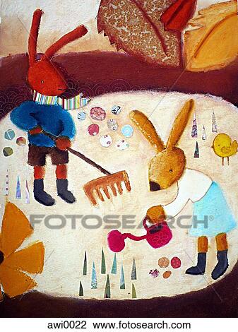 Two rabbits doing a little gardening View Large Illustration Drawing - Two rabbits doing a little gardening. Fotosearch