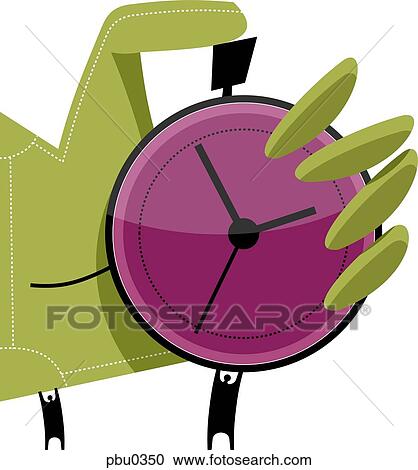 Two small figures holding up a large green hand that is using a purple stop watch View Large Illustration Clipart - Two small figures holding up a large green hand that is using a purple stop watch. Fotosearch