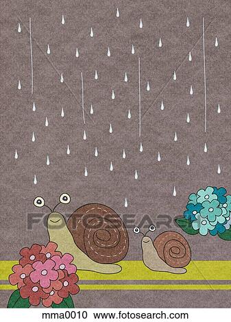 Two snails in rain View Large Illustration Clipart - Two snails in rain. Fotosearch