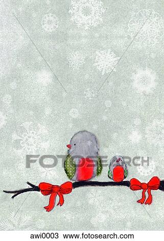 Drawing - Two sweet and small birds on a branch backed by falling snow flakes. Fotosearch