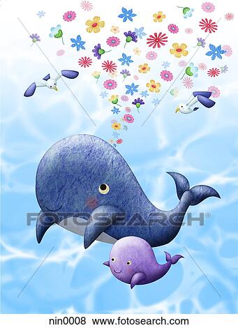 Two whales with flowers emerging from blowhole View Large Illustration Stock Illustration - Two whales with flowers emerging from blowhole. Fotosearch