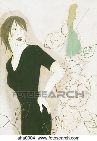 Stock Illustration - Two women against floral background. Fotosearch