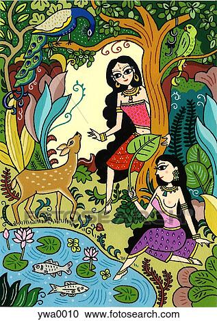 Two women at watering hole surrounded by animals View Large Illustration Clipart - Two women at watering hole surrounded by animals. Fotosearch