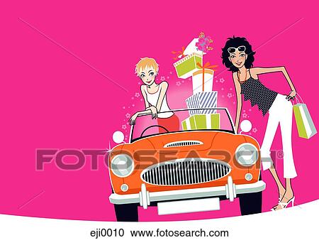 Clipart - Two women in convertible car after shopping spree. Fotosearch