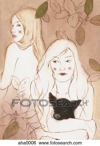 Stock Illustration - Two women with goat. Fotosearch