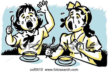 Clipart - Two young girls at a dinner table both crying in anger. Fotosearch