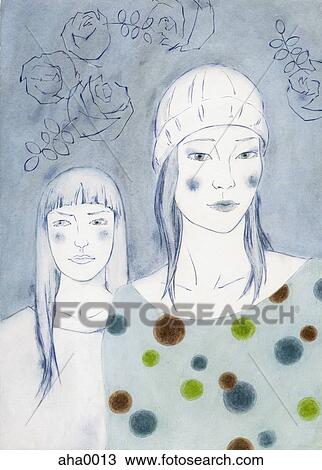 Drawing - Two young women with flowers. Fotosearch