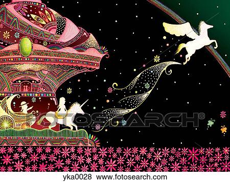 Unicorns flying from carousel View Large Illustration Stock Illustration - Unicorns flying from carousel. Fotosearch