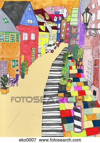 Stock Illustration - Urban street with houses and colourful pavement. Fotosearch