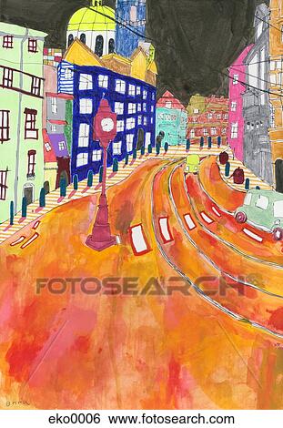 Urban street with houses View Large Illustration Stock Illustration - Urban street with houses. Fotosearch