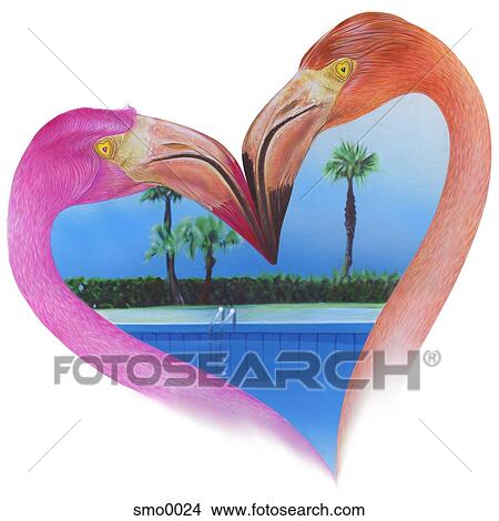 Stock Illustration - View of beach through heart shape formed by two flamingos. Fotosearch