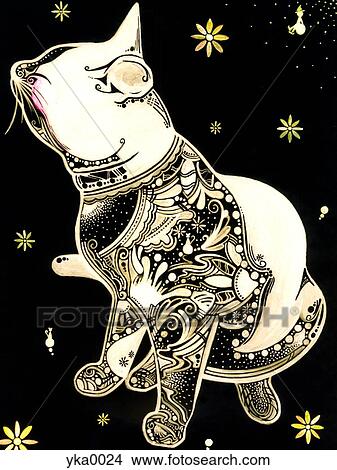 Stock Illustration - View of patterned cat against black background. Fotosearch