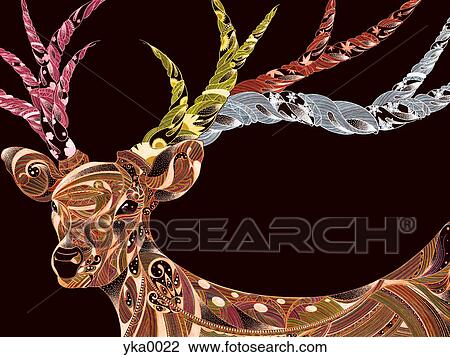 View of patterned deer against black background View Large Illustration Drawing - View of patterned deer against black background. Fotosearch