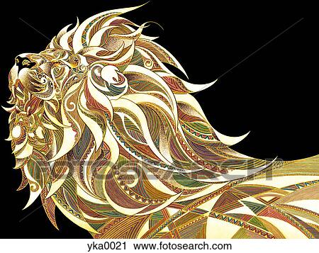 View of patterned lion against black background View Large Illustration Clip Art - View of patterned lion against black background. Fotosearch