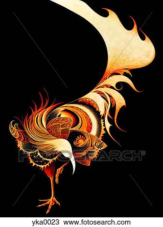Drawing - View of patterned rooster against black background. Fotosearch