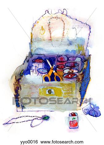 View of sewing box against white background View Large Illustration Stock Illustration - View of sewing box against white background. Fotosearch