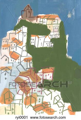 Village on mountain View Large Illustration Clip Art - Village on mountain. Fotosearch