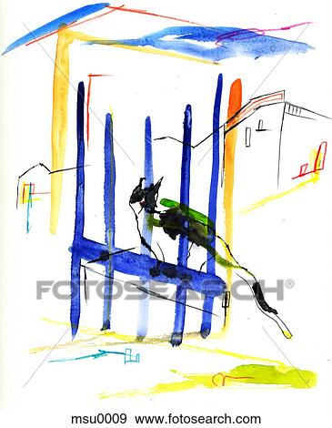 Watercolour painting of cat behind fence View Large Illustration Stock Illustration - Watercolour painting of cat behind fence. Fotosearch