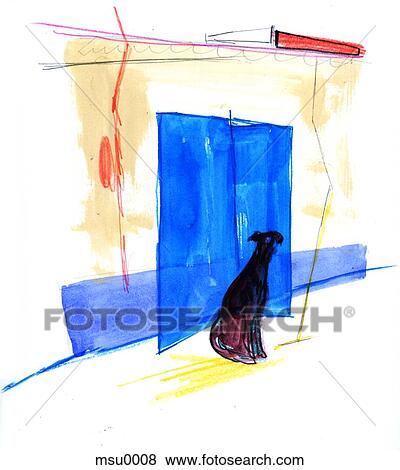 Watercolour painting of dog sitting in front of door View Large Illustration Stock Illustration - Watercolour painting of dog sitting in front of door. Fotosearch