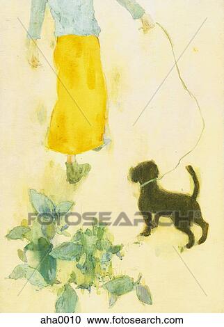 Clipart - Watercolour painting of woman walking small dog. Fotosearch