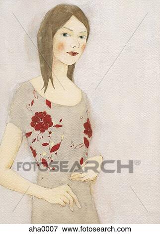 Stock Illustration - Watercolour painting of young woman. Fotosearch