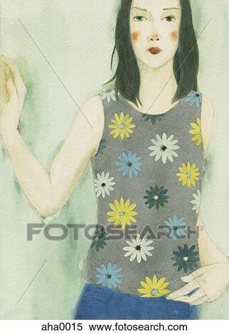 Stock Illustration - Watercolour painting of young woman. Fotosearch