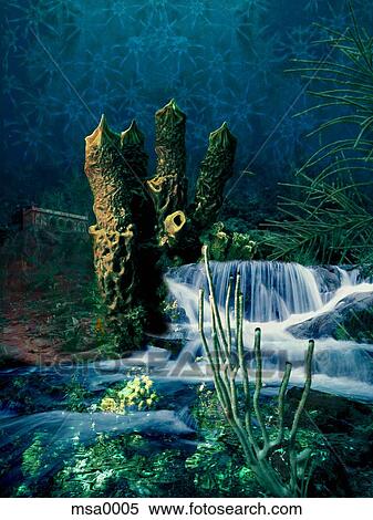 Stock Illustration - Waterfall in forest. Fotosearch