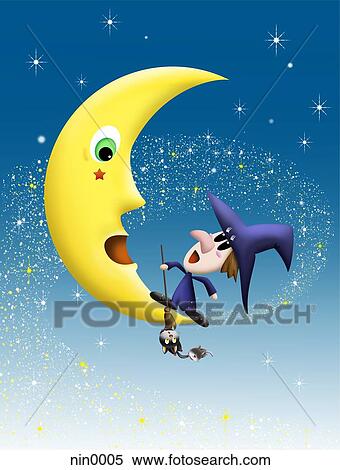 Stock Illustration - Witch flying over crescent moon. Fotosearch