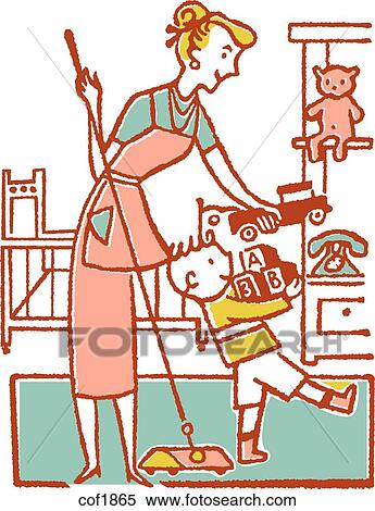 Stock Illustration - Woman and boy tidying room. Fotosearch