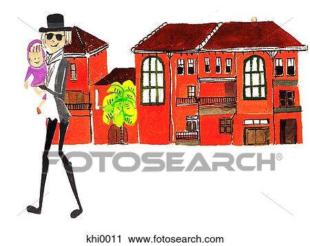 Clip Art - Woman and child outside apartment block. Fotosearch