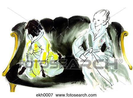 Stock Illustration - Woman and dog in bathrobes sitting on sofa. Fotosearch