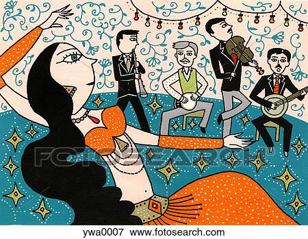 Stock Illustration - Woman dancing with group of men. Fotosearch