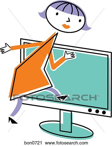 Clip Art - Woman entering television screen. Fotosearch