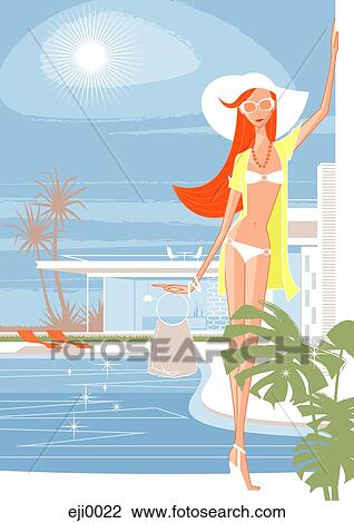 Drawing - Woman in bikini standing by pool. Fotosearch