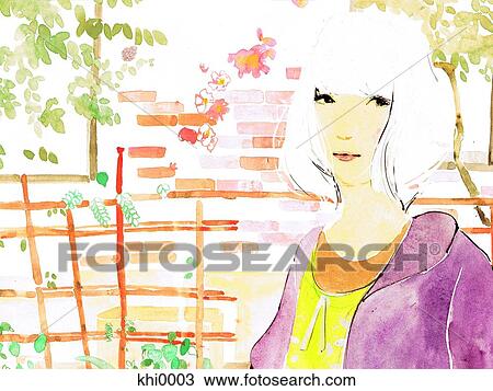 Drawing - Woman in front of brick wall. Fotosearch