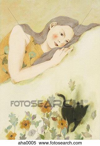 Stock Illustration - Woman lying on flowerbed with black cat. Fotosearch