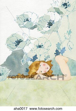 Woman lying on grass backed by large flowers View Large Illustration Stock Illustration - Woman lying on grass backed by large flowers. Fotosearch