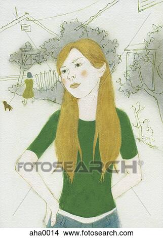 Stock Illustration - Woman on street with girl walking dog behind her. Fotosearch