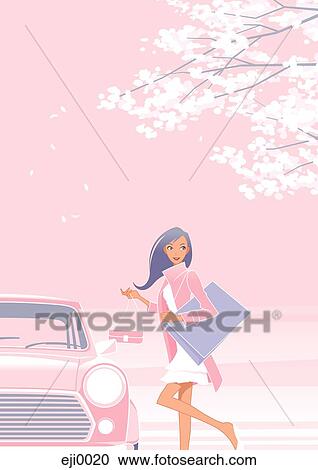Clipart - Woman opening her car in winter. Fotosearch