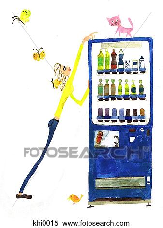 Stock Illustration - Woman reaching for cat on top of vending machine. Fotosearch