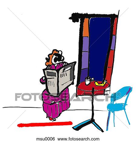 Stock Illustration - Woman reading newspaper inside café. Fotosearch