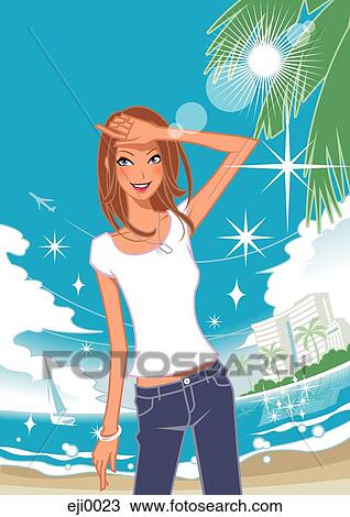 Drawing - Woman shielding her eyes from sun. Fotosearch