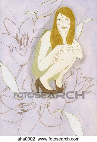Drawing - Woman sitting in flower. Fotosearch