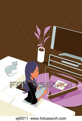 Clip Art - Woman sitting in lounge with glass of champagne. Fotosearch