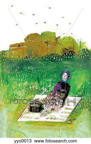 Drawing - Woman sitting in picnic park. Fotosearch