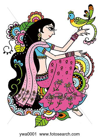Clip Art - Woman sitting with colourful bird. Fotosearch