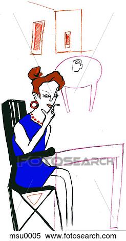 Stock Illustration - Woman smoking inside café. Fotosearch