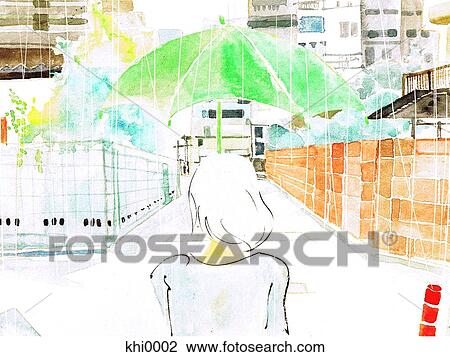 Drawing - Woman standing at crossroads in rain. Fotosearch