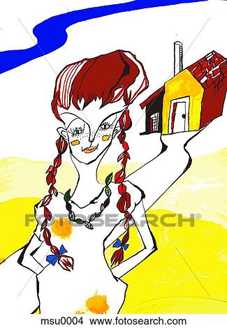 Stock Illustration - Woman standing in front of farmhouse. Fotosearch