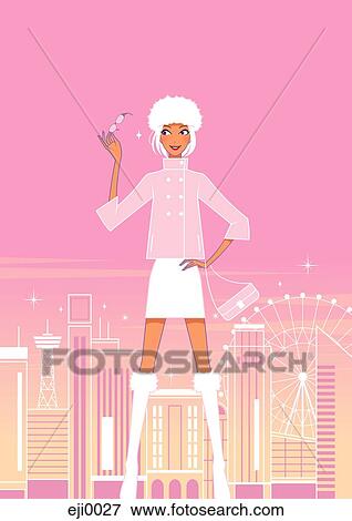 Stock Illustration - Woman standing with london cityscape behind her. Fotosearch